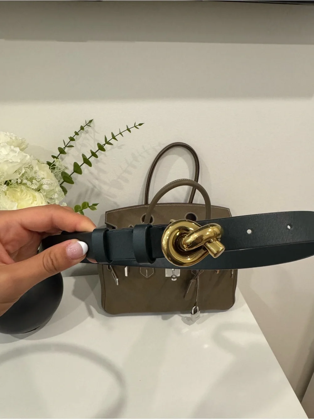 Bottega Veneta Dark Green Leather Belt with Gold Knot Buckle